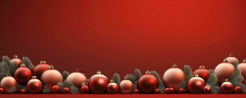 Natale sfondo con rosso palle e abete rami . ai generato foto