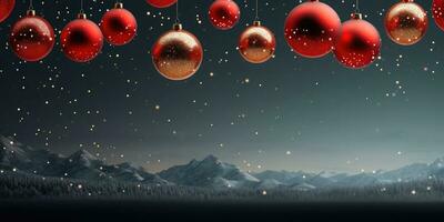 Natale sfondo con rosso palle sospeso a partire dal il cielo . ai generato foto