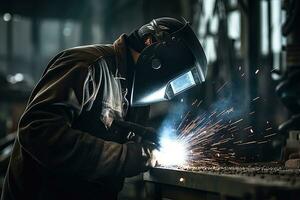 industriale lavoratore con protettivo maschera saldatura acciaio struttura nel un' fabbrica. generativo ai foto