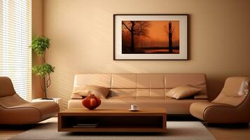 moderno vivente camera con pelle divano e decorazione nel caldo beige sfondo. lusso vivente camera interno modello illustrazione con vuoto spazio parete. generativo ai foto