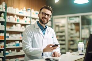 sorridente maschio farmacista nel bianca cappotto e occhiali è utilizzando smartphone e sorridente mentre nel farmacia. generativo ai foto