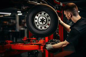 auto meccanico Lavorando nel auto riparazione negozio. auto servizio e Manutenzione concetto. generativo ai foto