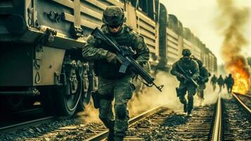 scontro a fuoco su il treno brani soldati nel azione ai generato foto