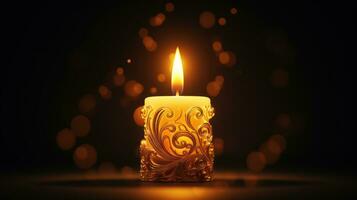romantico lume di candela un' alta risoluzione Immagine di un' candela con un' colorato fiamma e un' nevoso tavolo ambientazione ai generativo foto