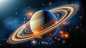 un' sbalorditivo spazio illustrazione di il solare sistemi maggior parte maestoso pianeta Saturno e suo lune ai generato foto