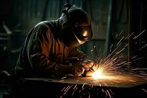 industriale lavoratore con protettivo maschera saldatura acciaio struttura nel un' fabbrica. generativo ai foto