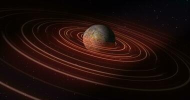 astratto giallo Marrone spazio pianeta con un' il giro asteroide cintura squillare futuristico hi-tech su il sfondo di stelle nel Aperto spazio foto