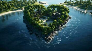 Paradiso tropicale verde isola nel il forma di un' cuore con alberi a un' spiaggia ricorrere nel il mare foto