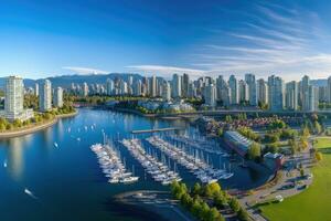 vancouver paesaggio urbano, Vancouver, America, aereo panorama di centro città a falso torrente, Vancouver, Britannico Colombia, Canada, ai generato foto