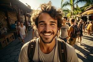 bello giovane uomo turista avendo divertimento su estate vacanza sorridente e guardare a telecamera. generativo ai foto