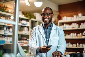 sorridente maschio farmacista nel bianca cappotto e occhiali è utilizzando smartphone e sorridente mentre nel farmacia. generativo ai foto