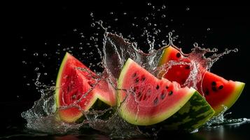 fresco succoso affettato anguria frutta con acqua spruzzo isolato su sfondo, salutare frutta, ai generativo foto