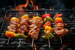 bbq con cucinando, carbone griglia di pollo carne e peperoni foto