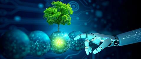 robot mano puntamento un' digitale palla con albero contro natura. ecologia, energia, e ambiente concetto. foto