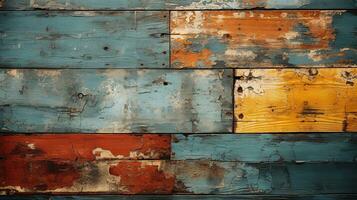 generativo ai, vecchio costumista di legno struttura. blu, turchese, giallo e arancia colori. Vintage ▾ grunge sfondo foto