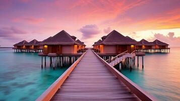 generativo ai, Maldive viaggio destinazione, acqua Hotel ricorrere bungalow. un' posto per sogni. foto