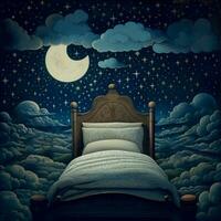 letto nel il notte cielo con Luna e nuvole - illustrazione per bambini foto