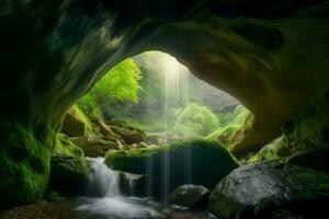 grotta cascata buco. creare ai foto