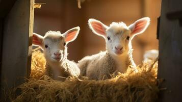 generativo ai, poco agnelli guardare a il telecamera su un' azienda agricola, bambino pecore foto