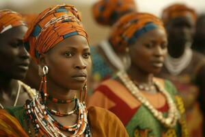 africano donne tradizionale colorato stoffa. creare ai foto