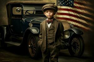 brioso americano 1920 bambino ragazzo. creare ai foto