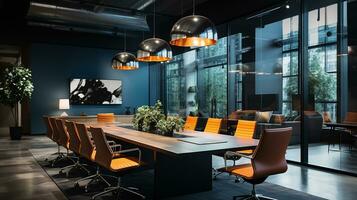 moderno ufficio interno con panoramico finestre e bellissimo illuminazione. generativo ai foto