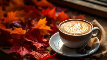 un' caldo tazza di zucca Spezia latte macchiato circondato di colorato autunno le foglie e un' accogliente coperta foto