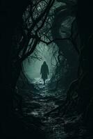 un' nebbioso foresta avvolto nel buio dove spaventoso sagome e misterioso ombre creare un atmosfera di agghiacciante mistero foto