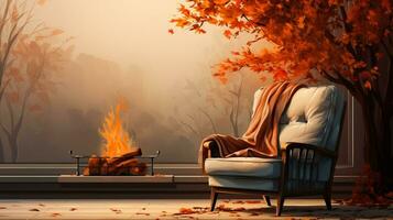 un' caldo vivente camera con un' scoppiettante camino autunno le foglie al di fuori e un' accogliente poltrona sfondo con vuoto spazio per testo foto