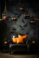 un' spaventoso Halloween vivente camera con coperto di ragnatele mobilia pipistrelli sospeso a partire dal il soffitto e un' sfondo con vuoto spazio per testo foto