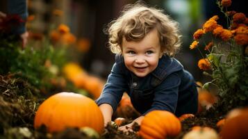 un' allegro bambino scelte un' Perfetto zucca a partire dal un' tentacolare toppa circondato di vivace autunno le foglie e festivo decorazioni foto