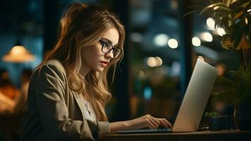 giovane donna Lavorando su il computer portatile a notte nel il bar. generativo ai foto