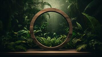 generativo ai, vuoto cerchio di legno telaio e tropicale le foglie su giungla sfondo. per Prodotto Schermo. foto