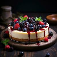 torta di formaggio con fresco frutti di bosco su di legno sfondo foto