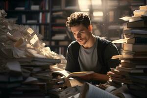 un' uomo si siede e legge un' libro nel un' biblioteca foto