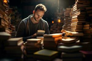 un' uomo si siede e legge un' libro nel un' biblioteca foto