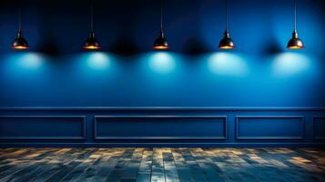 di legno pavimento e blu parete con arancia lampade un' elegante e Vintage ▾ sfondo per interno spazio ai generativo foto