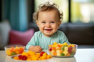 avvicinamento di un' bambino felicemente godendo un' colorato piatto di ricco di sostanze nutritive vegano e vegetariano bambino cibo opzioni foto