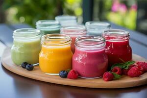 un' avvicinamento di un' varietà di fresco vivace frutta puree ordinatamente visualizzato nel piccolo bicchiere barattoli pronto per bambini per godere foto