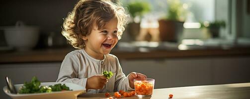 un' madre delicatamente cucchiai vivace arancia frullata carote in sua babys bocca garantendo un' nutriente inizio per loro alimentazione viaggio foto