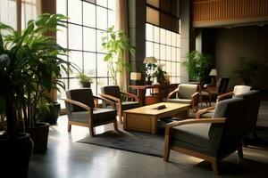 Hotel atrio con giapponese stile mobilia profesional fotografia ai generato foto