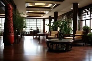 Hotel atrio con Cinese stile mobilia profesional fotografia ai generato foto