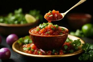 un' cucchiaio di salsa. il salsa è fatto di a dadini pomodori, rosso cipolle, e coriandolo. foto