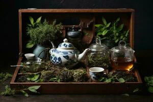 un' di legno tè il petto con un assortimento di teiere, tazze, e erbe aromatiche foto