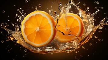 fresco succoso arancia frutta con acqua spruzzo isolato su sfondo, salutare frutta, ai generativo foto