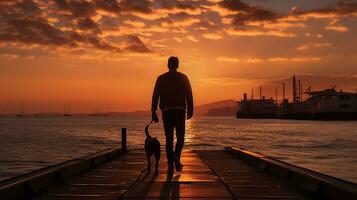 fotografia-sagoma di un' uomo a piedi il suo cane su il molo, d'oro ora, ai generato foto