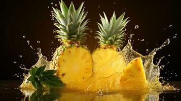 fresco succoso ananas frutta con acqua spruzzo isolato su sfondo, salutare tropicale frutta foto
