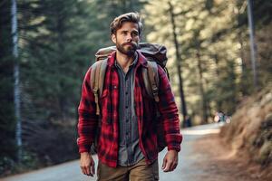 bello barbuto uomo con zaino nel il autunno foresta. viaggio e avventura concetto. generativo ai foto