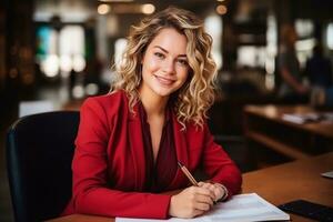 più dimensione attività commerciale manager nel il ufficio firma documenti bella soddisfatto viso, capo bionda donna 30 anni vecchio nel ufficio rosso Abiti. foto