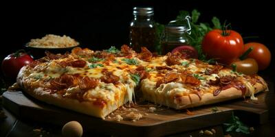 Pizza con allungamento formaggio su un' di legno tavolo su un' nero sfondo foto